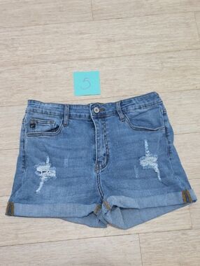 KanCan Medium Blue Distressed Rolled-Hem Denim Shorts